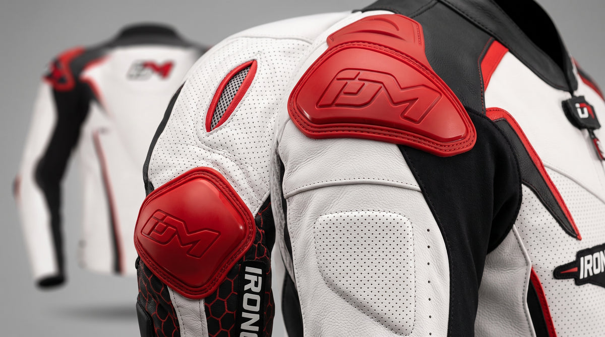Close-up of a white, black, and red IronMoto motorcycle leather jacket showing the shoulder and elbow protection pads, with a blurred secondary view of the jacket in the background.