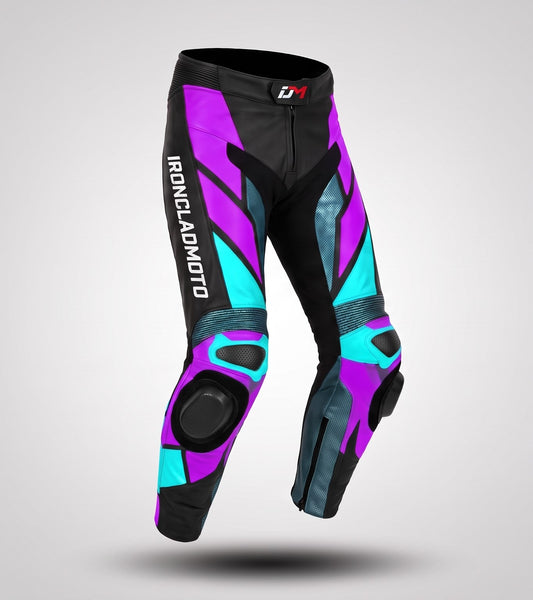 Black motorcycle pants with vibrant purple and cyan geometric patterns, featuring knee protection inserts and 'IRONCLADMOTO' branding on the left leg.