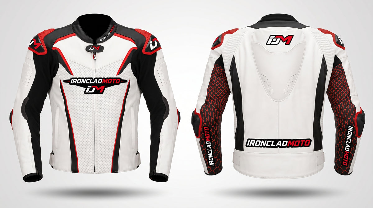Front and back views of a white leather motorcycle racing jacket with black and red panels, featuring the Ironclad Moto LM logo.