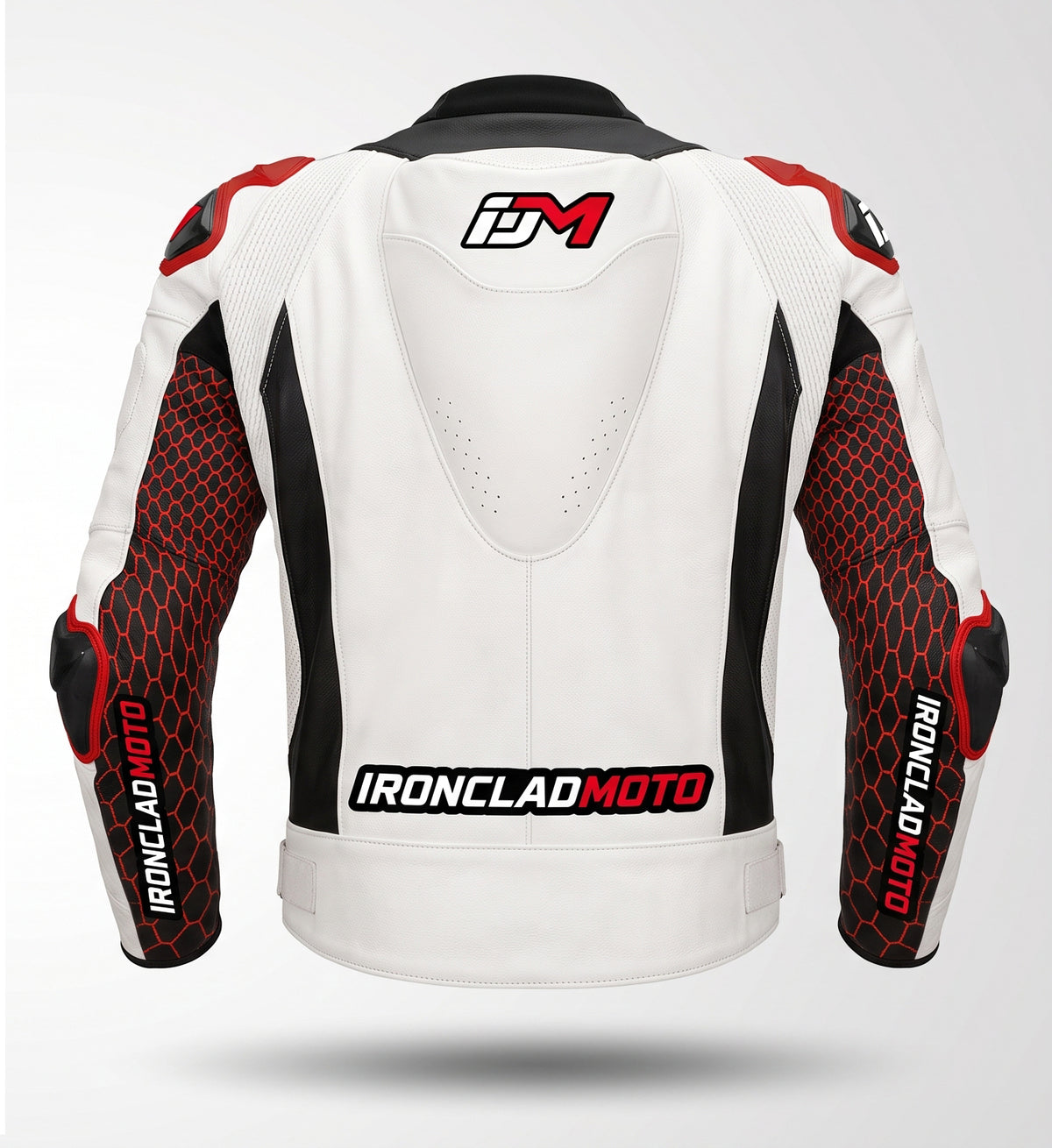 White leather motorcycle jacket with red and black honeycomb-patterned sleeves and shoulder panels, featuring the Ironclad Moto logo on the back and sleeves.