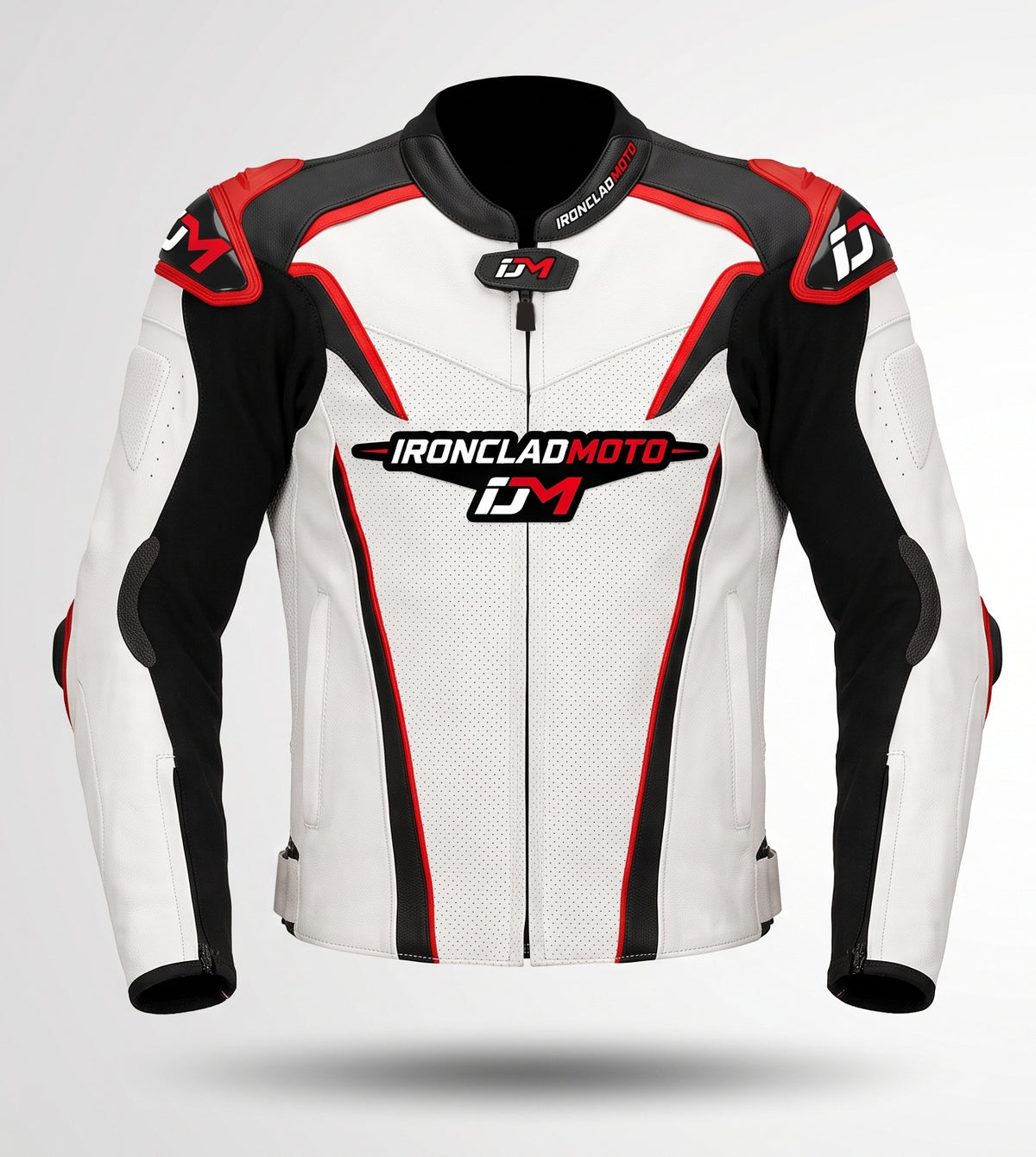 A white leather motorcycle racing jacket with black and red panels, featuring the 'IRONCLAD MOTO DM' logo on the chest and shoulder patches, shown on a light gray background.