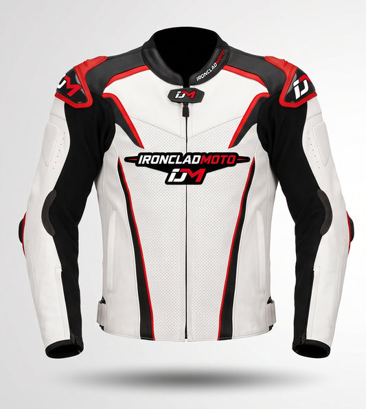 A white leather motorcycle racing jacket with black and red panels, featuring the 'IRONCLAD MOTO DM' logo on the chest and shoulder patches, shown on a light gray background.