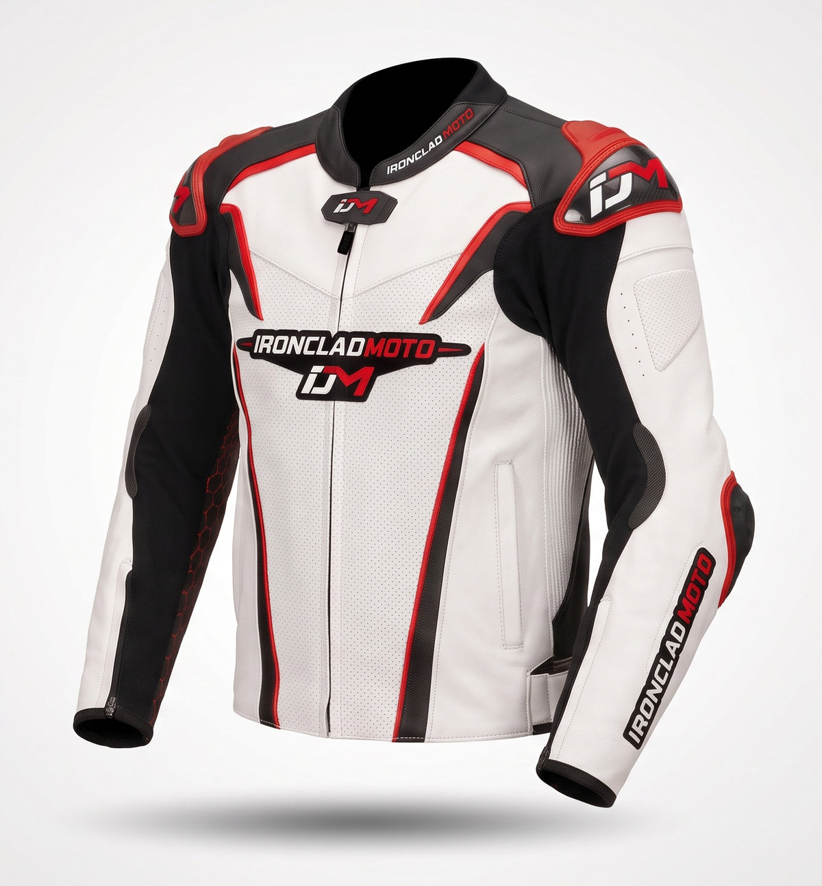 A white leather motorcycle racing jacket with black and red panels, featuring the 'IRONCLAD MOTO DM' logo on the chest and 'DM' branding on the shoulders and sleeves, shown against a light gray background.