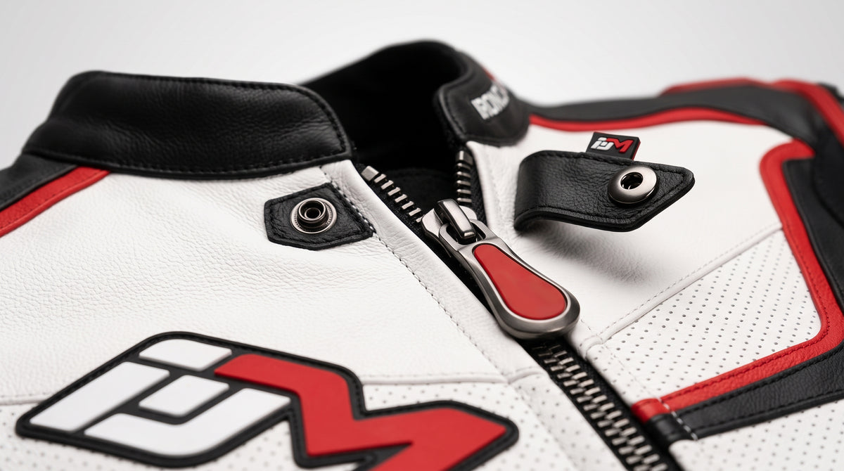 Close-up of a white leather motorcycle jacket with black and red accents, featuring a black zipper with a red pull tab and a large stylized logo on the lower left.